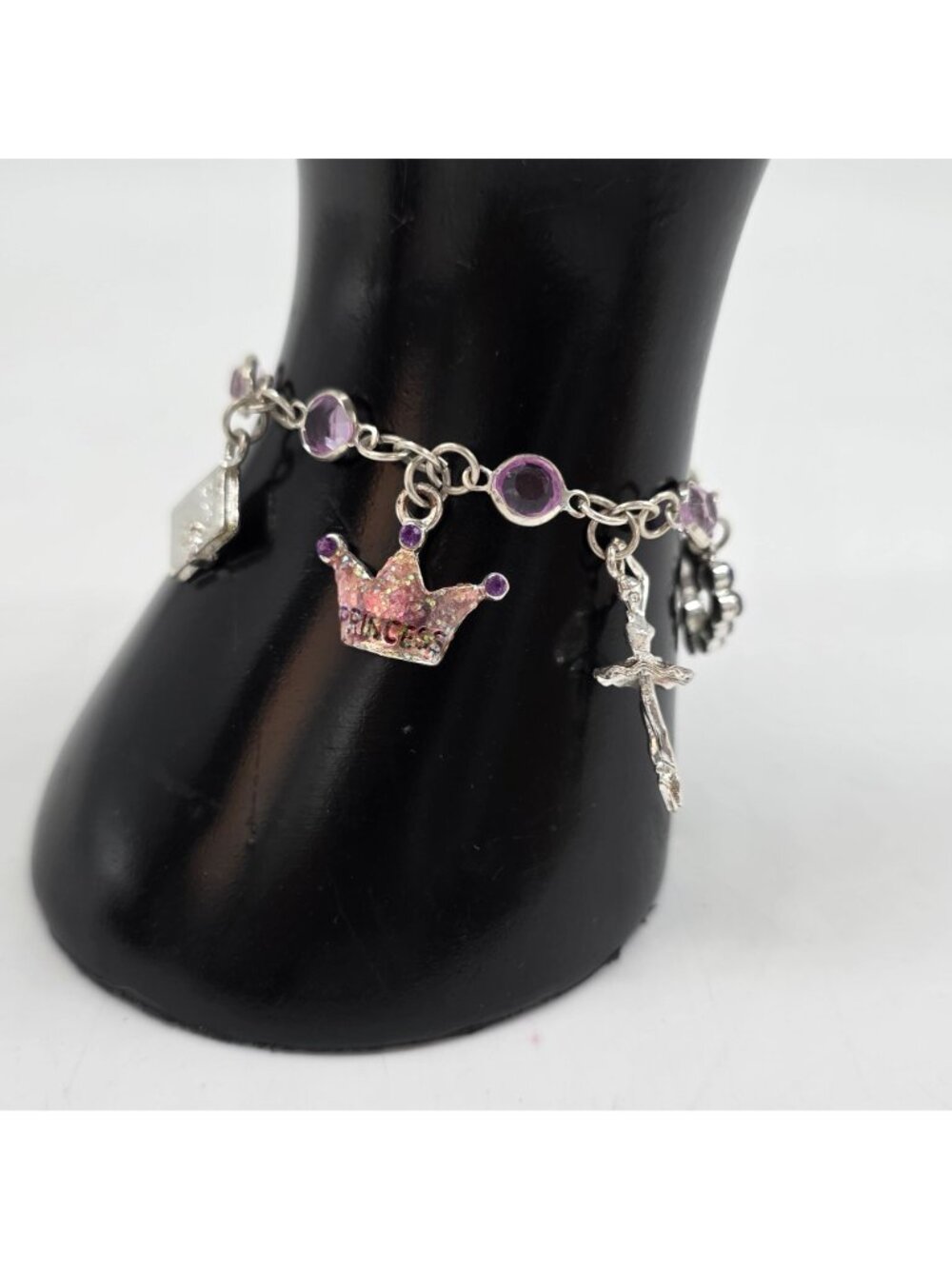 Princess-Themed Charms Bracelet Silver Tone With Pink & Purple Stones & - Picture 2 of 11
